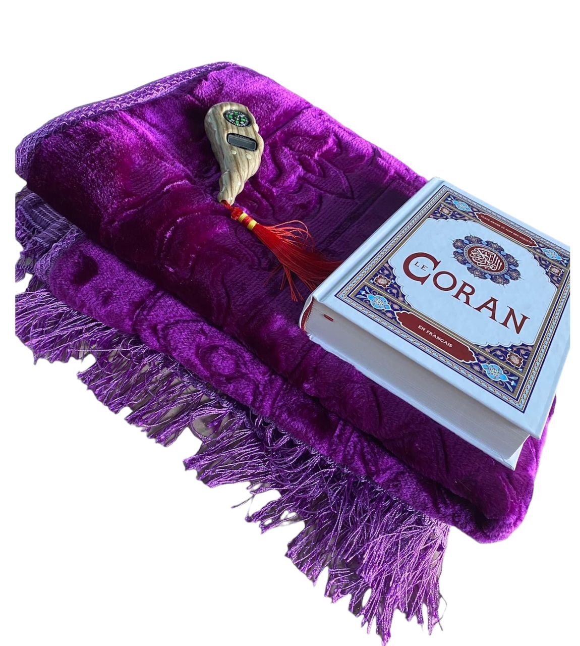 Kit de prière violet avec tapis en velours et Coran blanc complet, accompagné d'un tasbih en bois noble